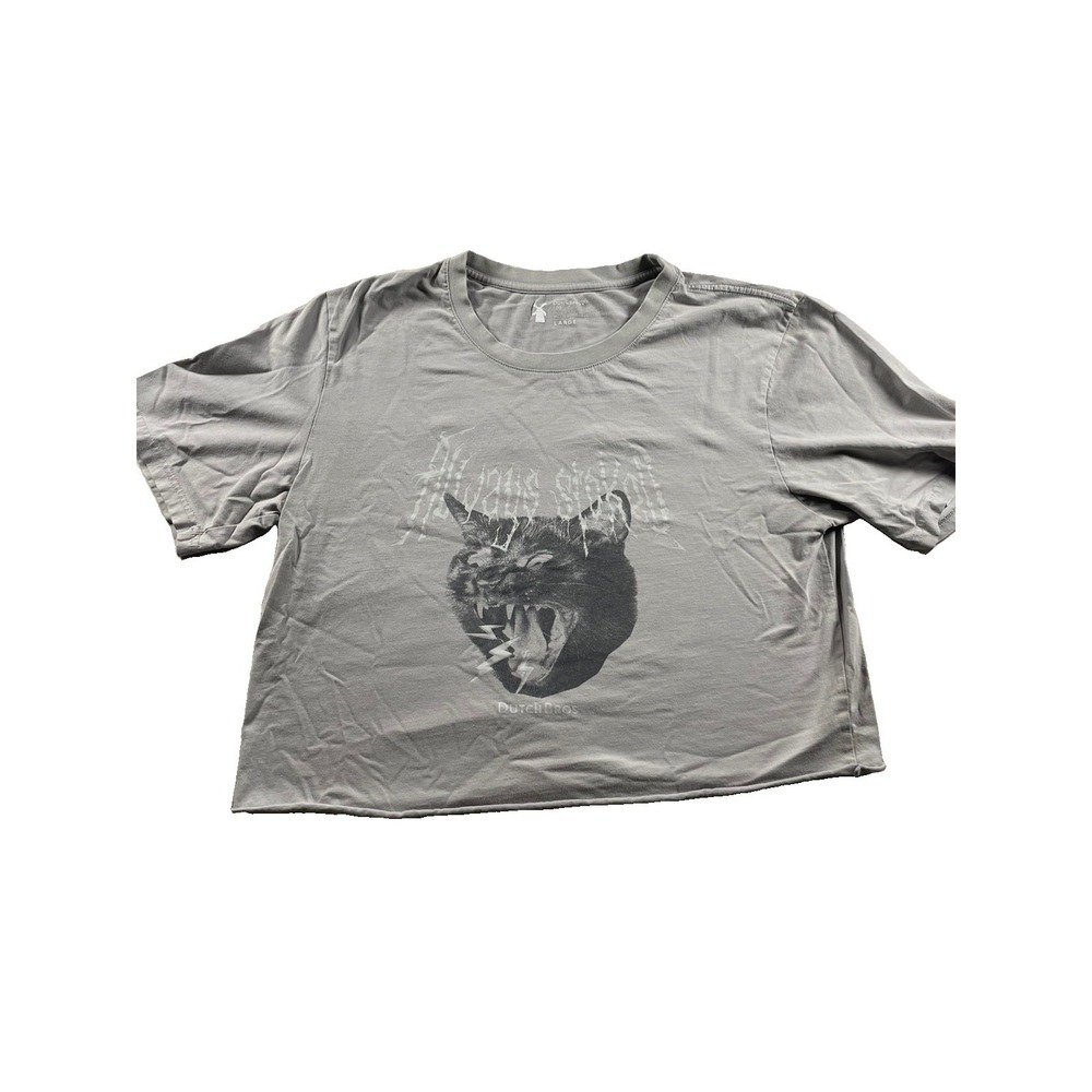 Dutch Bros Cropped T-Shirt Gray Always Stoked Cat Size Large Heavy Metal Tee